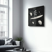 Surfing in the Space B&W | Glass Wall Art