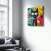 The Crowned Feline: Abstract Graffiti Cat Wall Art | Glass Wall Art