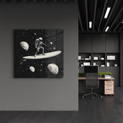 Surfing in the Space B&W | Glass Wall Art