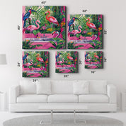 Tropical Bathroom and Flamingos | Glass Wall Art - Artdesigna