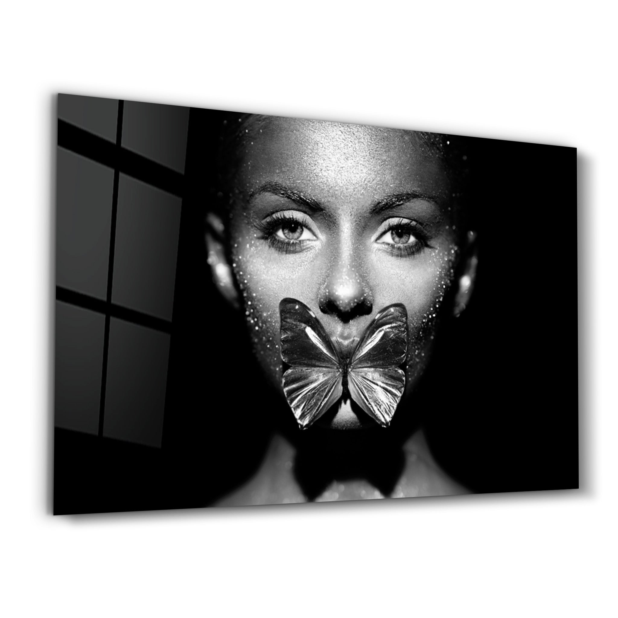 ・"Shiny Butterfly and Face"・Glass Wall Art - ArtDesigna Glass Printing Wall Art