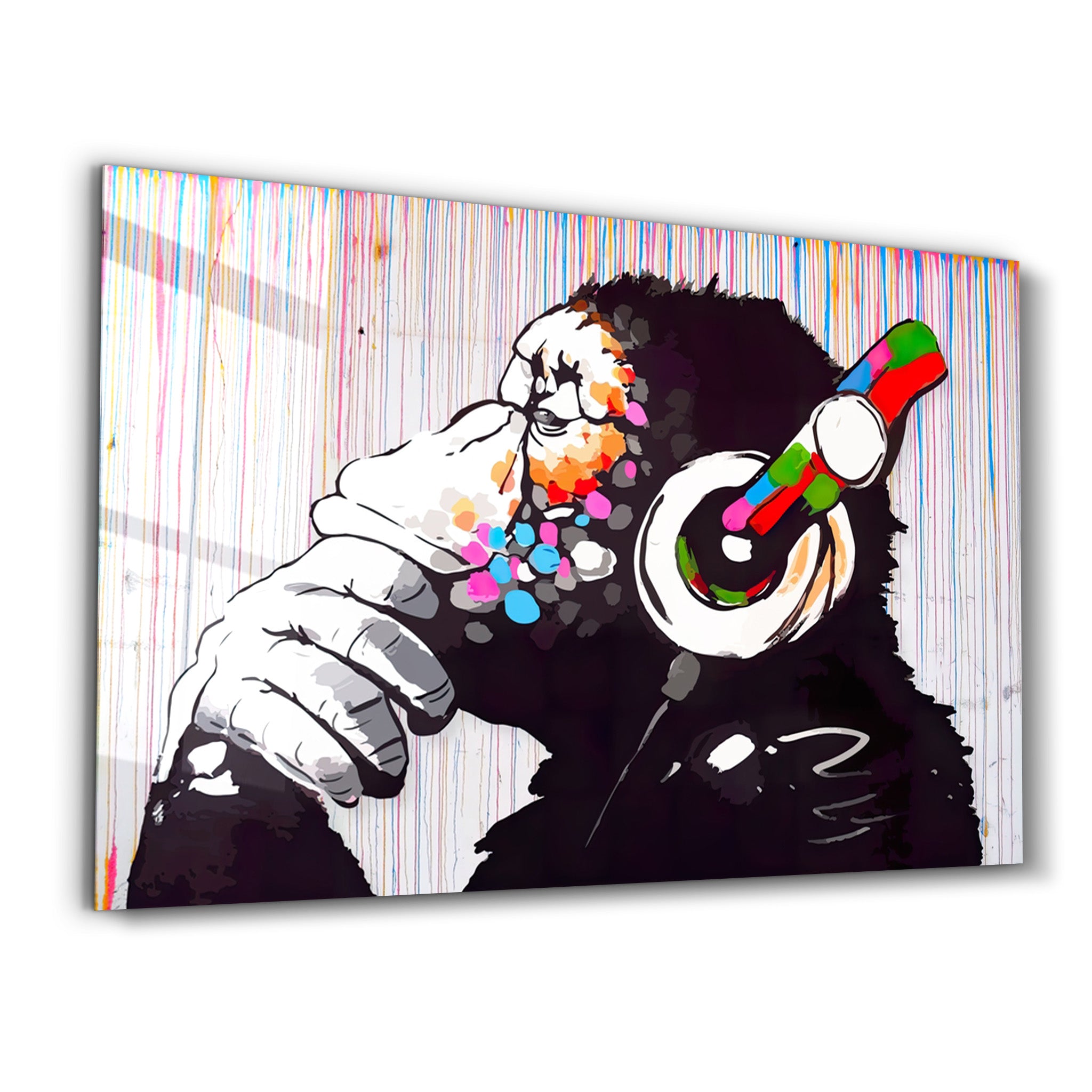 Banksy Monkey Beat Glass Wall Art - ArtDesigna Glass Printing Wall Art