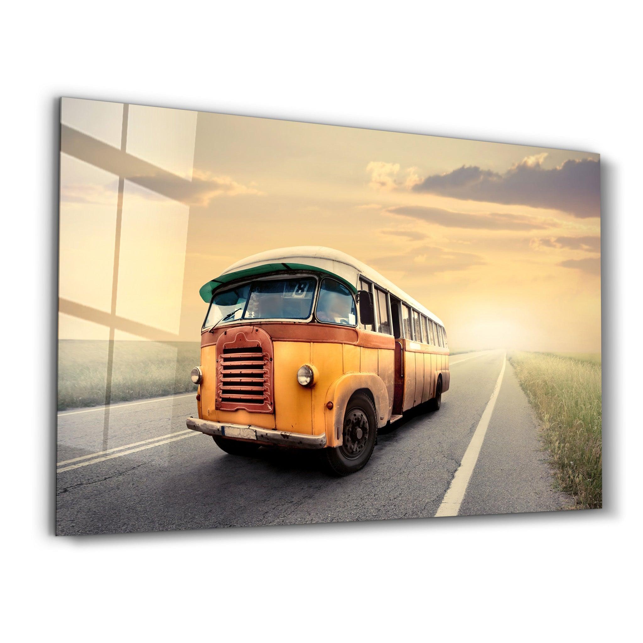 The Vintage Bus With Sunset | Glass Wall Art - ArtDesigna Glass Printing Wall Art