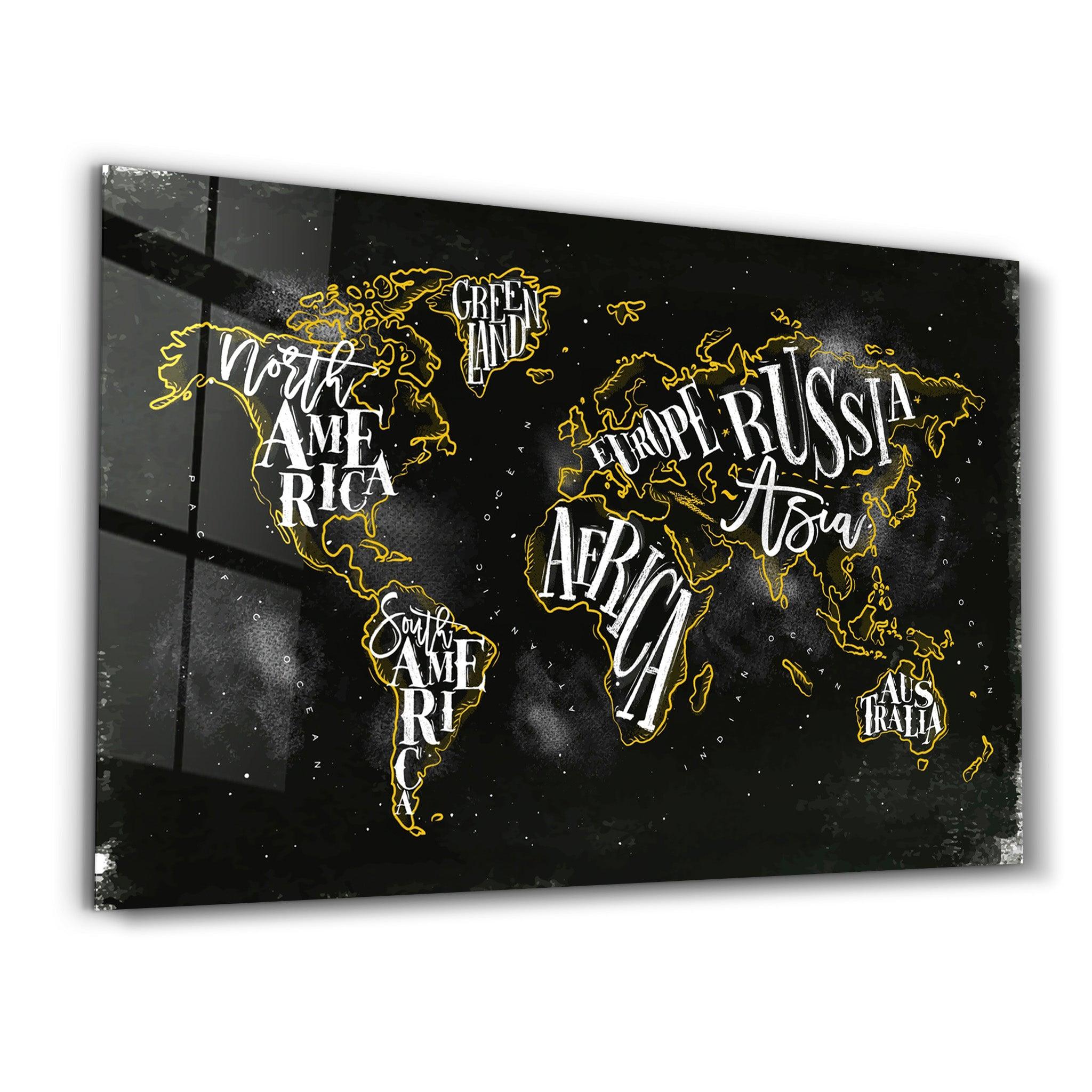 World Map With Yellow Lines | Glass Wall Art - ArtDesigna Glass Printing Wall Art