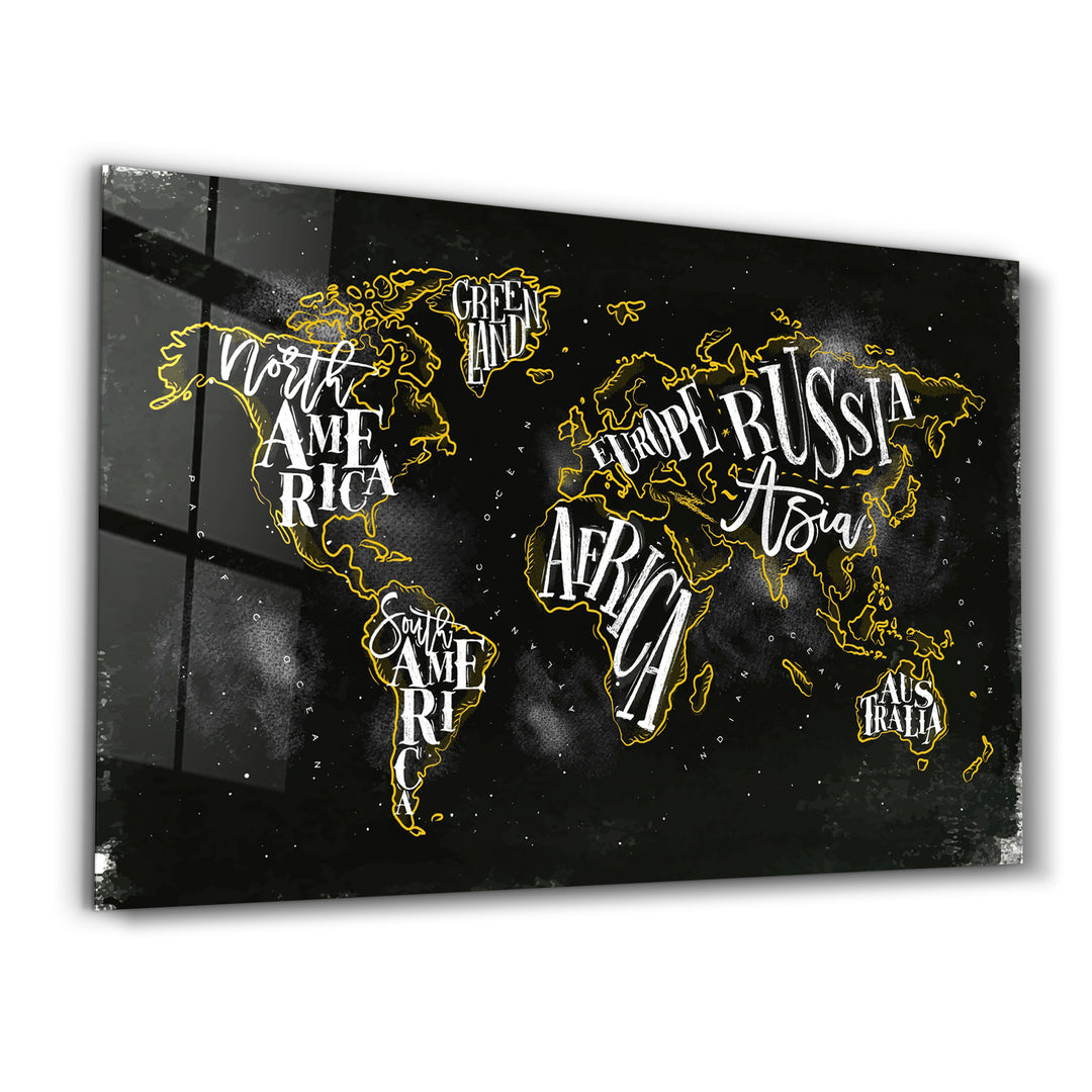 ・"World Map With Yellow Lines"・Glass Wall Art - ArtDesigna Glass Printing Wall Art