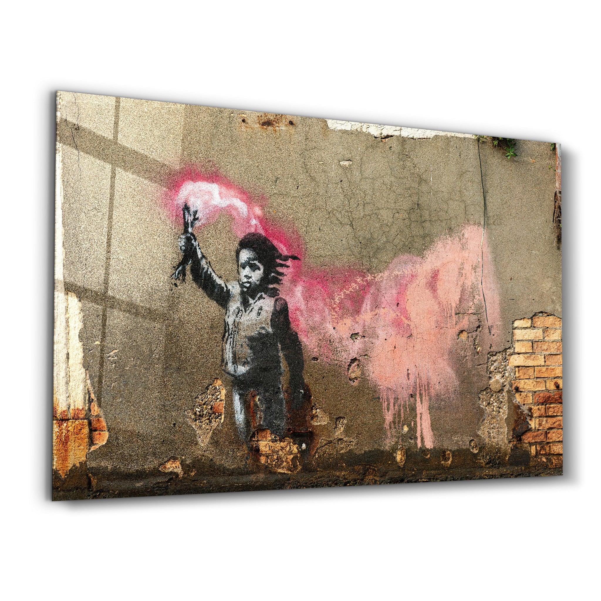 Banksy - A child with a life jacket | Glass Wall Art - ArtDesigna Glass Printing Wall Art