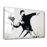 Banksy - Rioter Throwing a Flower Bouquet | Glass Wall Art - ArtDesigna Glass Printing Wall Art