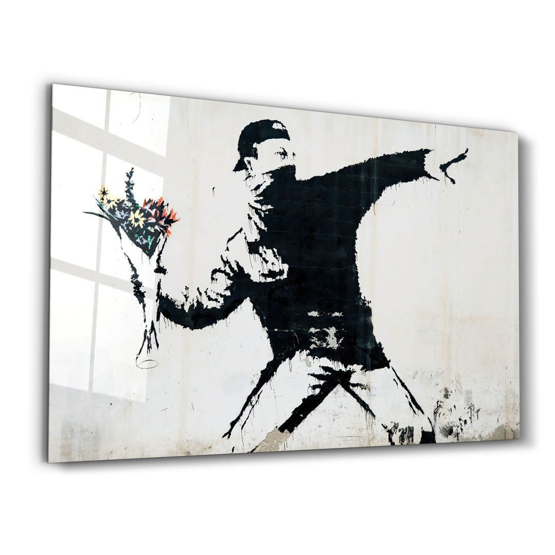 ・"Banksy - Rioter Throwing a Flower Bouquet"・Glass Wall Art - ArtDesigna Glass Printing Wall Art