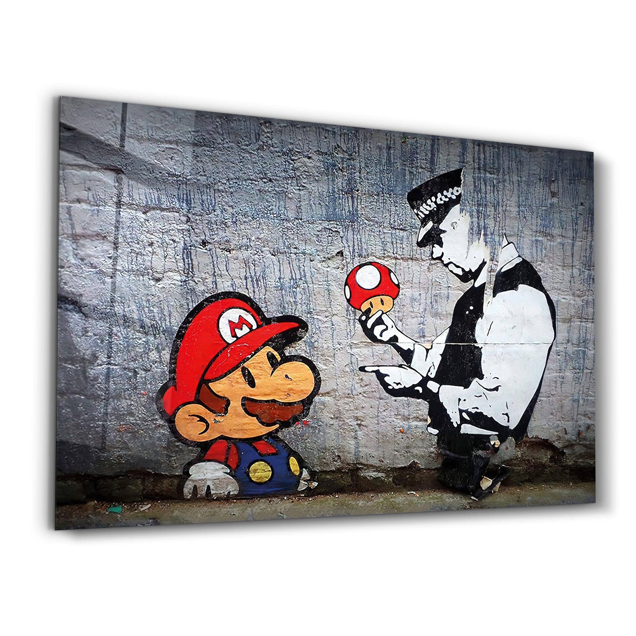 Banksy - Mario with a Policeman | Glass Wall Art - ArtDesigna Glass Printing Wall Art