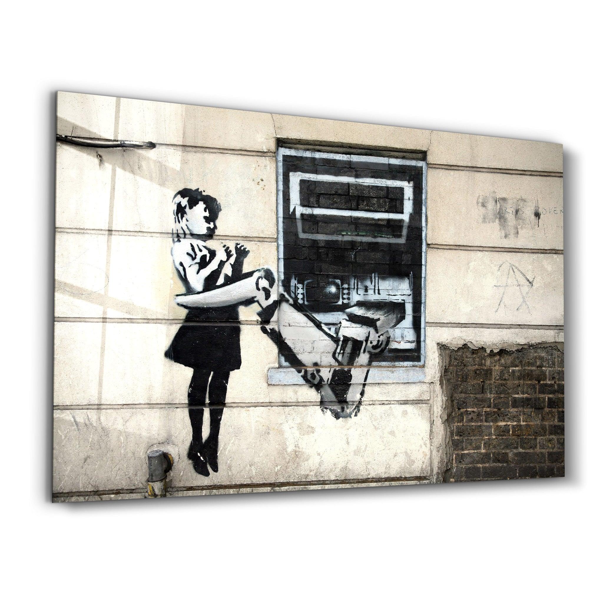 Banksy - Cash Machine Girl Graffiti | Glass Wall Art - ArtDesigna Glass Printing Wall Art