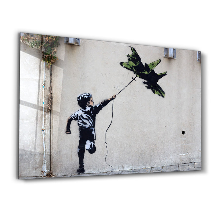 ・"Banksy - fighter jet kite"・Glass Wall Art - ArtDesigna Glass Printing Wall Art