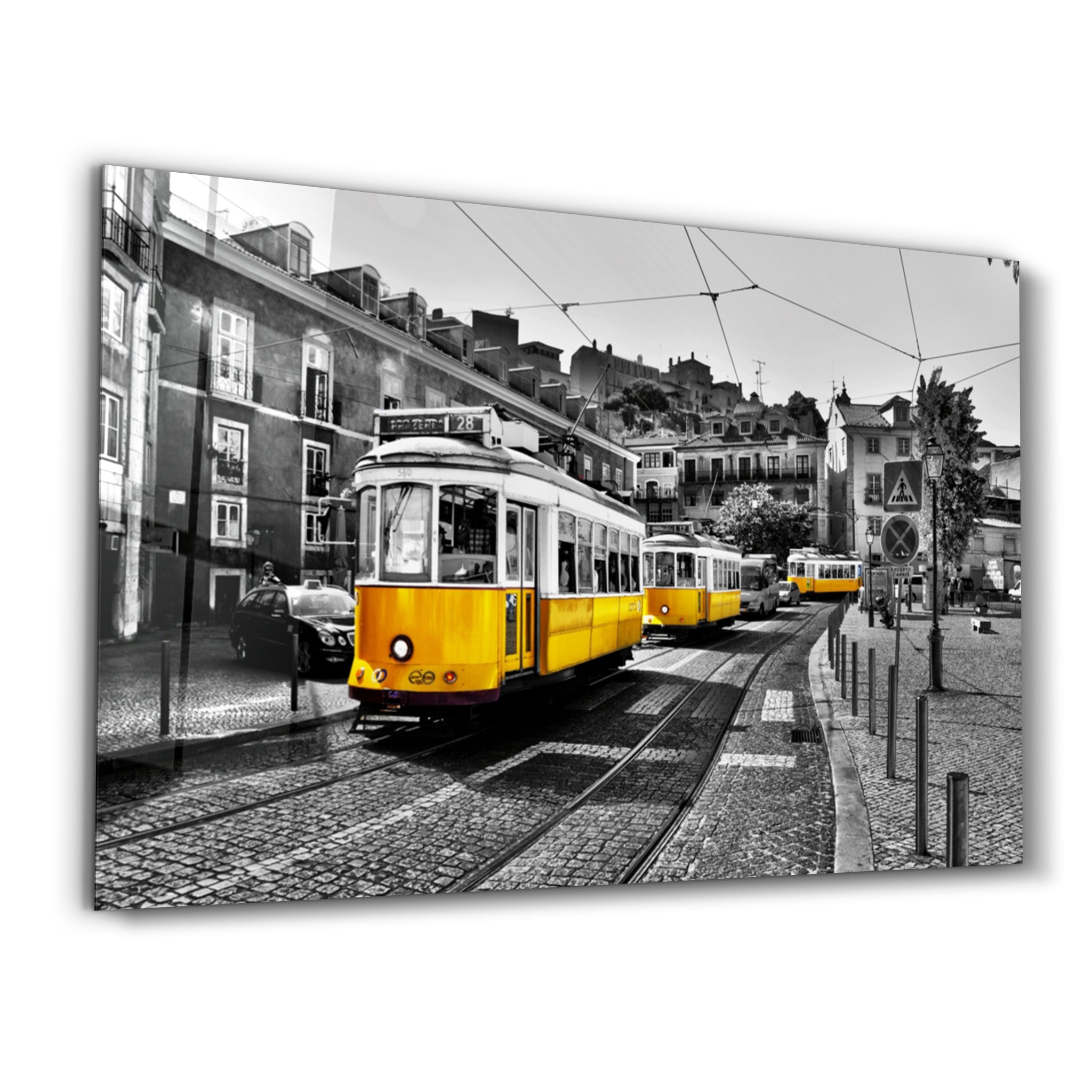 ・"Yellow Tram (Lisbon)"・Glass Wall Art - ArtDesigna Glass Printing Wall Art
