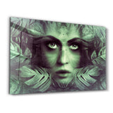 Tropical Leaf and Woman Portrait | Glass Wall Art
