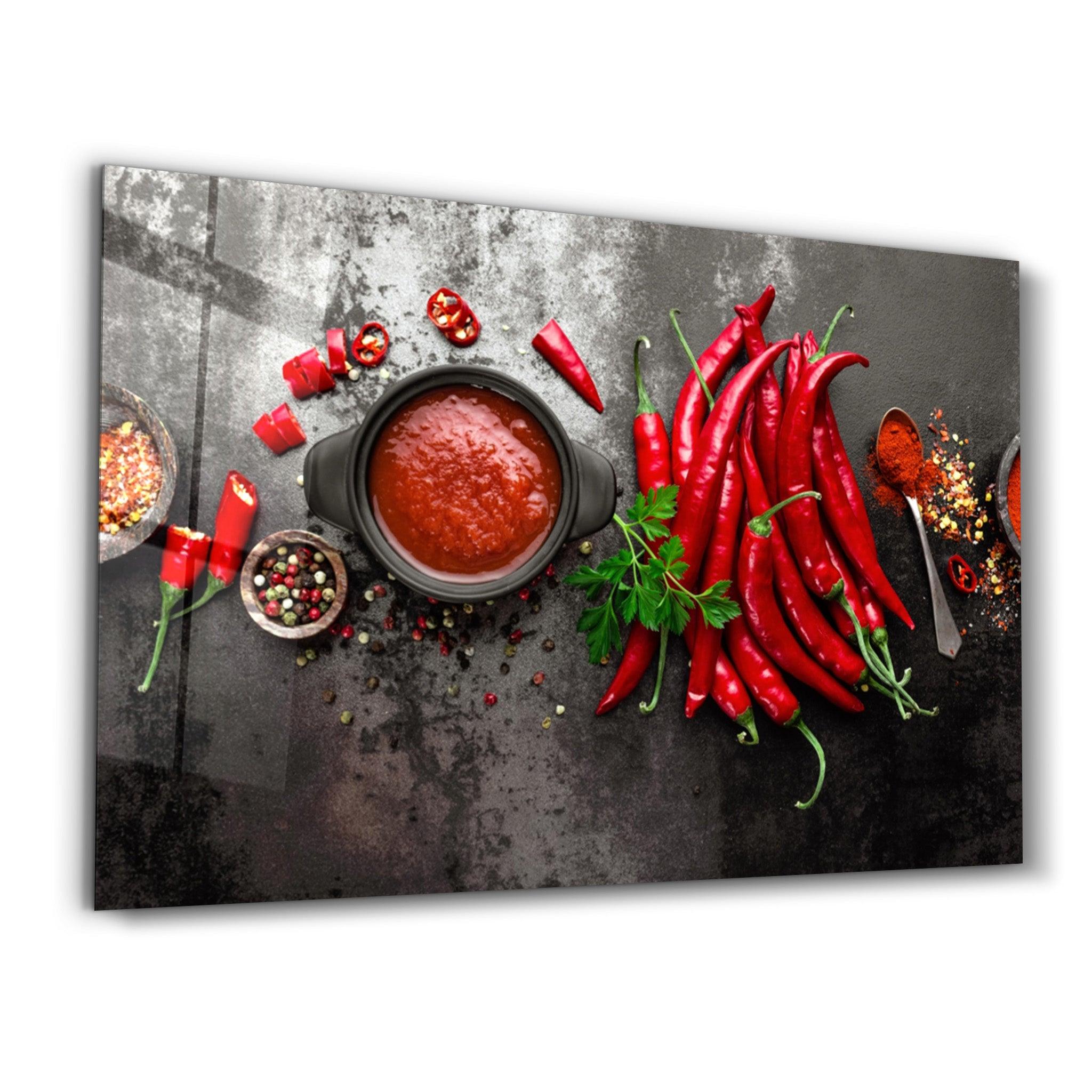 Red Peppers and Sauce | Glass Wall Art - ArtDesigna Glass Printing Wall Art