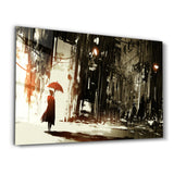 Abstrakte Frau und Roter Regenschirm – Glasbild