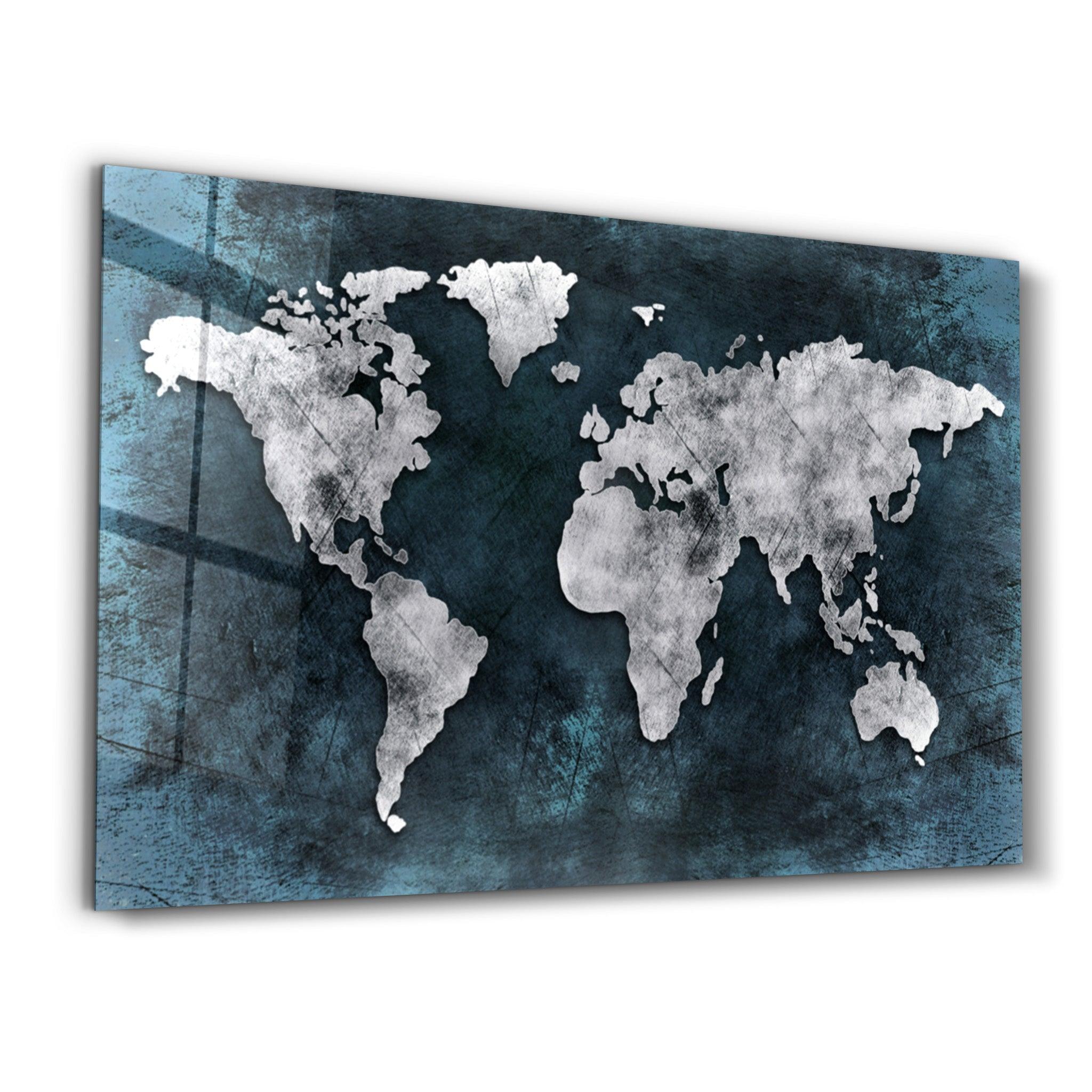 World Map Blue-Silver | Glass Wall Art - ArtDesigna Glass Printing Wall Art