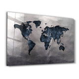 World Map Blue-Silver2 | Glass Wall Art