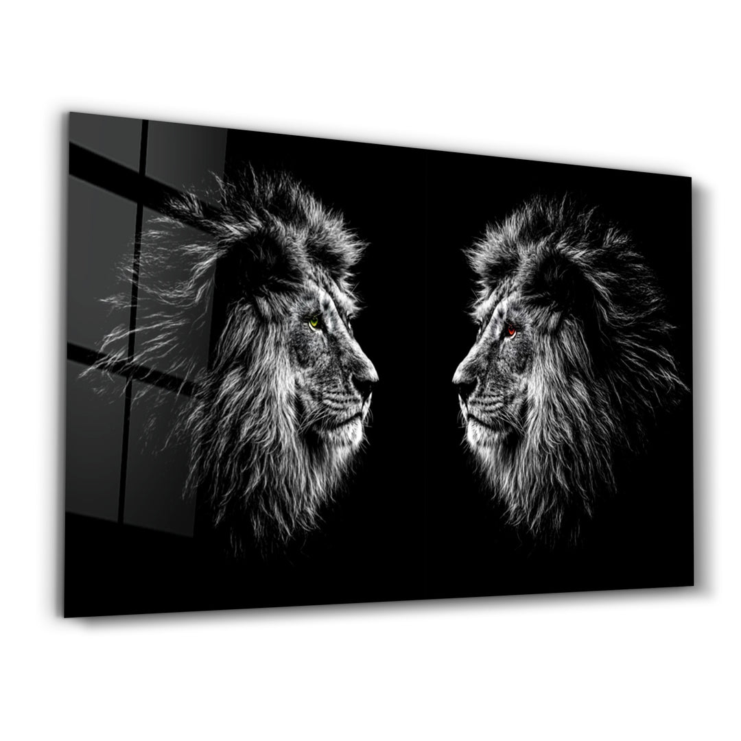 ・"Lions Confrontation BW "・Glass Wall Art - ArtDesigna Glass Printing Wall Art