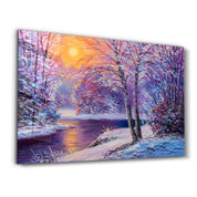 Oil Painting Winter Sunset | Glass Wall Art - ArtDesigna Glass Printing Wall Art