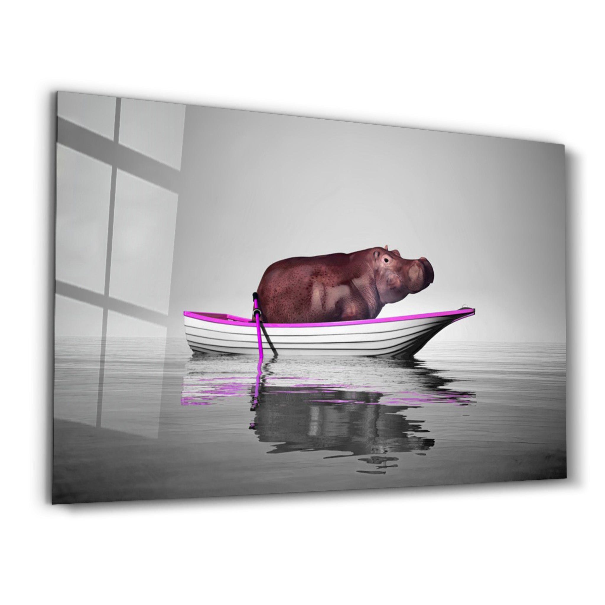 ・"Hippo on the Boat 2"・Glass Wall Art - ArtDesigna Glass Printing Wall Art