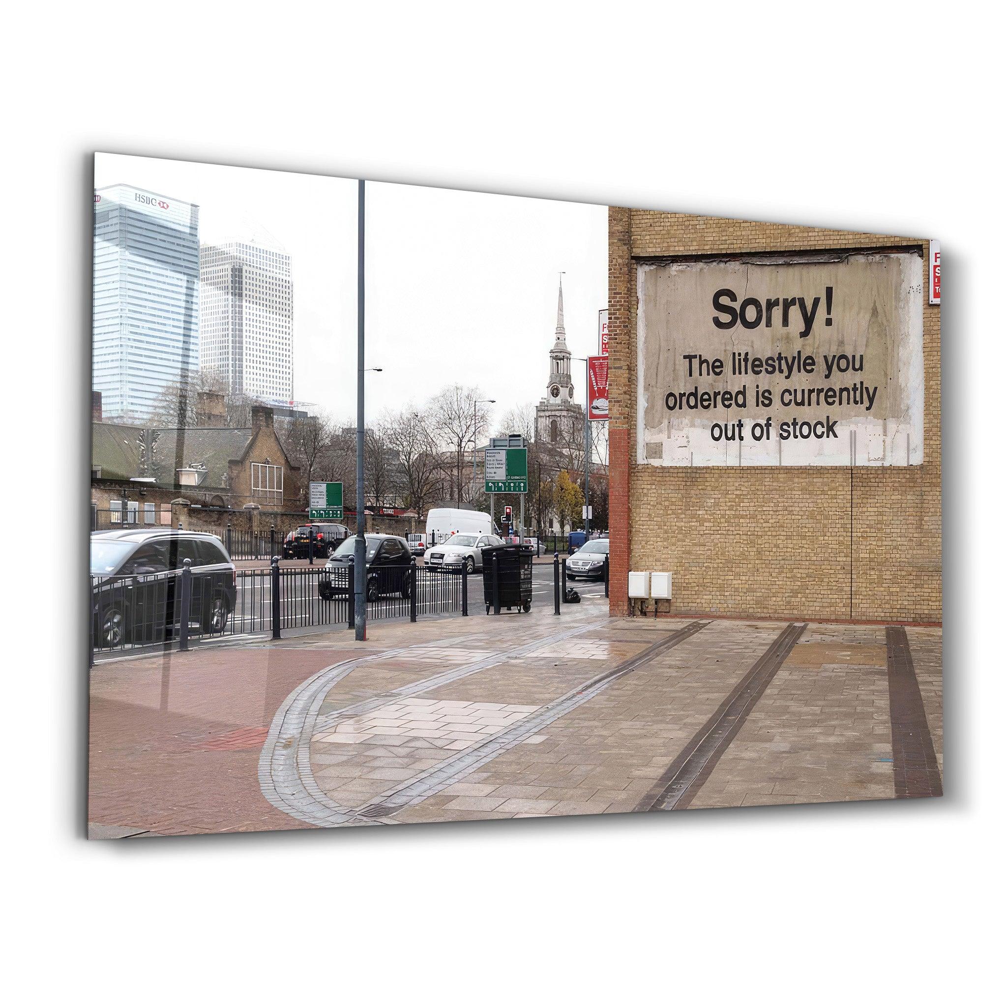 Banksy - Sorry | Designer's Collection Glass Wall Art - ArtDesigna Glass Printing Wall Art