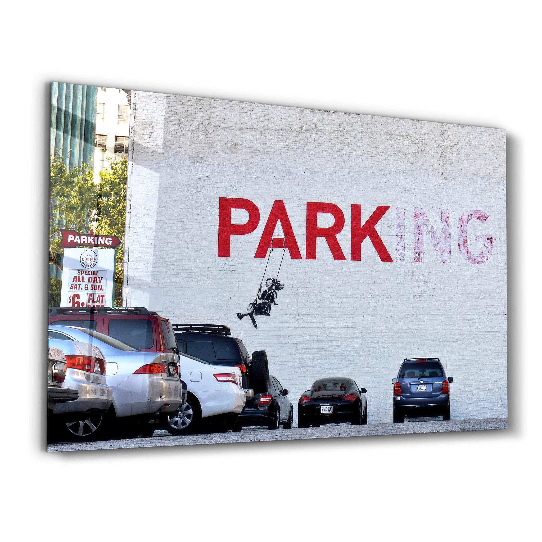 Banksy - Parking | Designer's Collection Glass Wall Art - ArtDesigna Glass Printing Wall Art