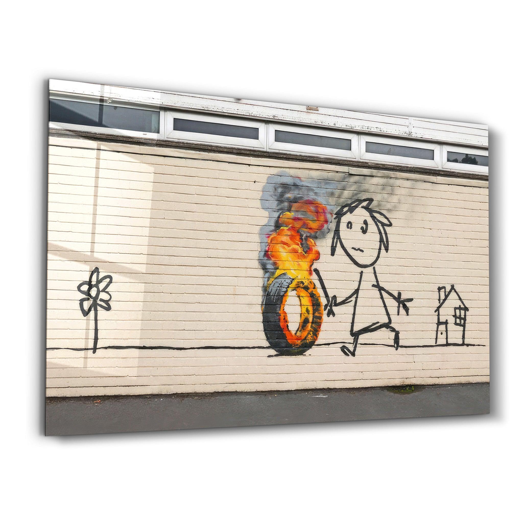 Banksy - Burning Toy | Designer's Collection Glass Wall Art - ArtDesigna Glass Printing Wall Art