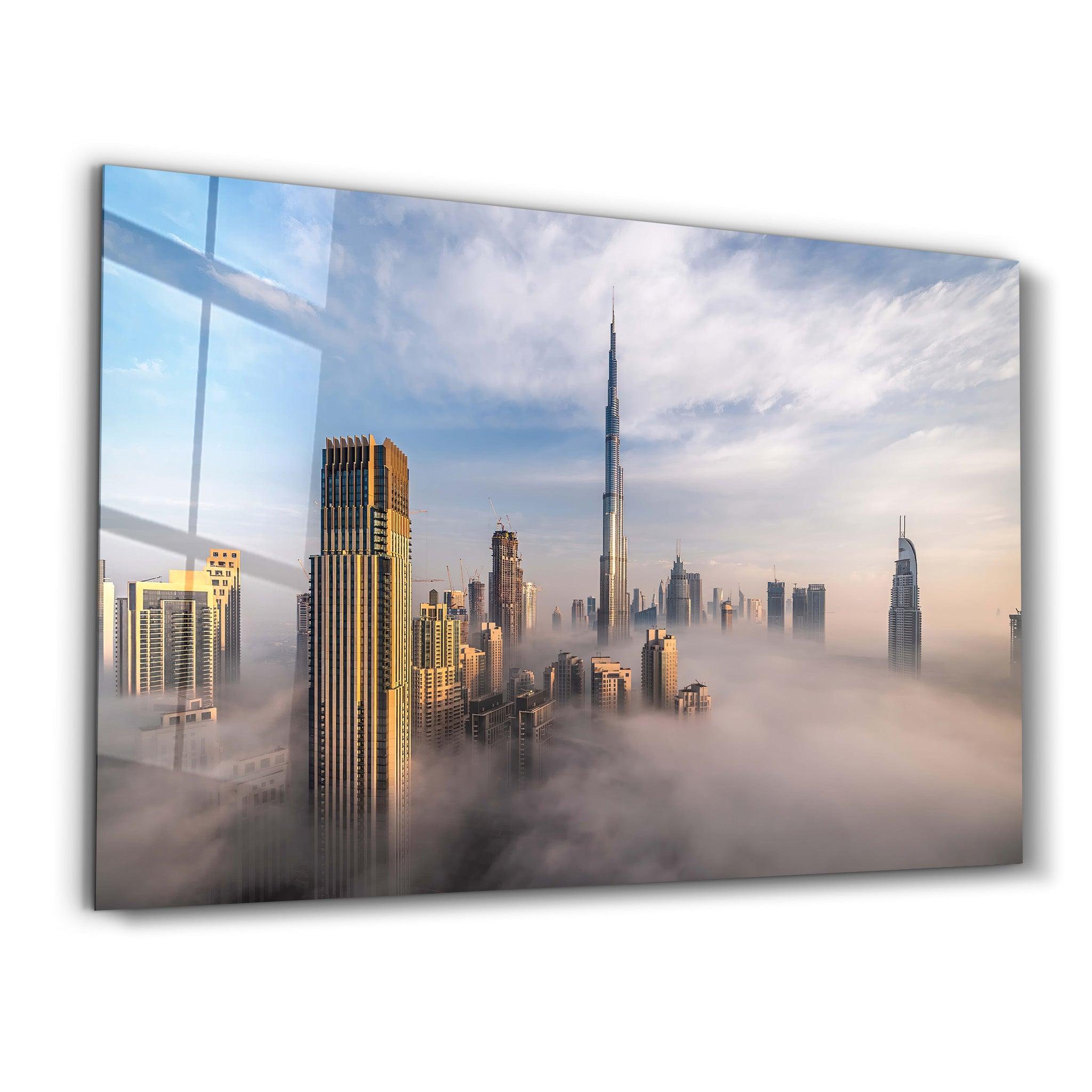 Dubai Sykline Under Fog- UAE | Glass Wall Art - ArtDesigna Glass Printing Wall Art