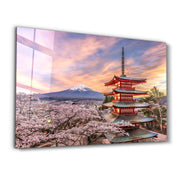 Fujiyoshida, Japan at Chureito Pagoda and Mt. Fuji in the spring with cherry blossoms | Glass Wall Art - ArtDesigna Glass Printing Wall Art