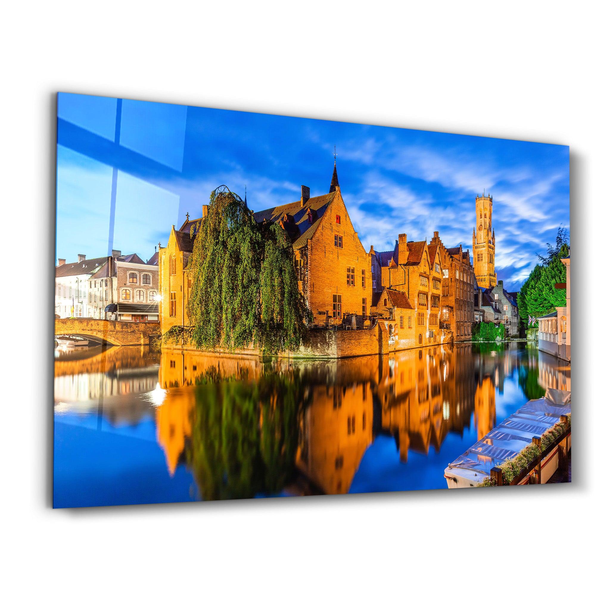 Bruges, Belgium. The Rozenhoedkaai canal in Bruges with the Belfry | Glass Wall Art - ArtDesigna Glass Printing Wall Art