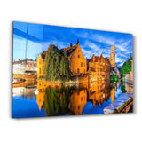 Bruges, Belgium. The Rozenhoedkaai canal in Bruges with the Belfry | Glass Wall Art