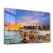 Muizenberg beach huts wooden cabins at twilight in Cape Town South Africa | Glass Wall Art - ArtDesigna Glass Printing Wall Art