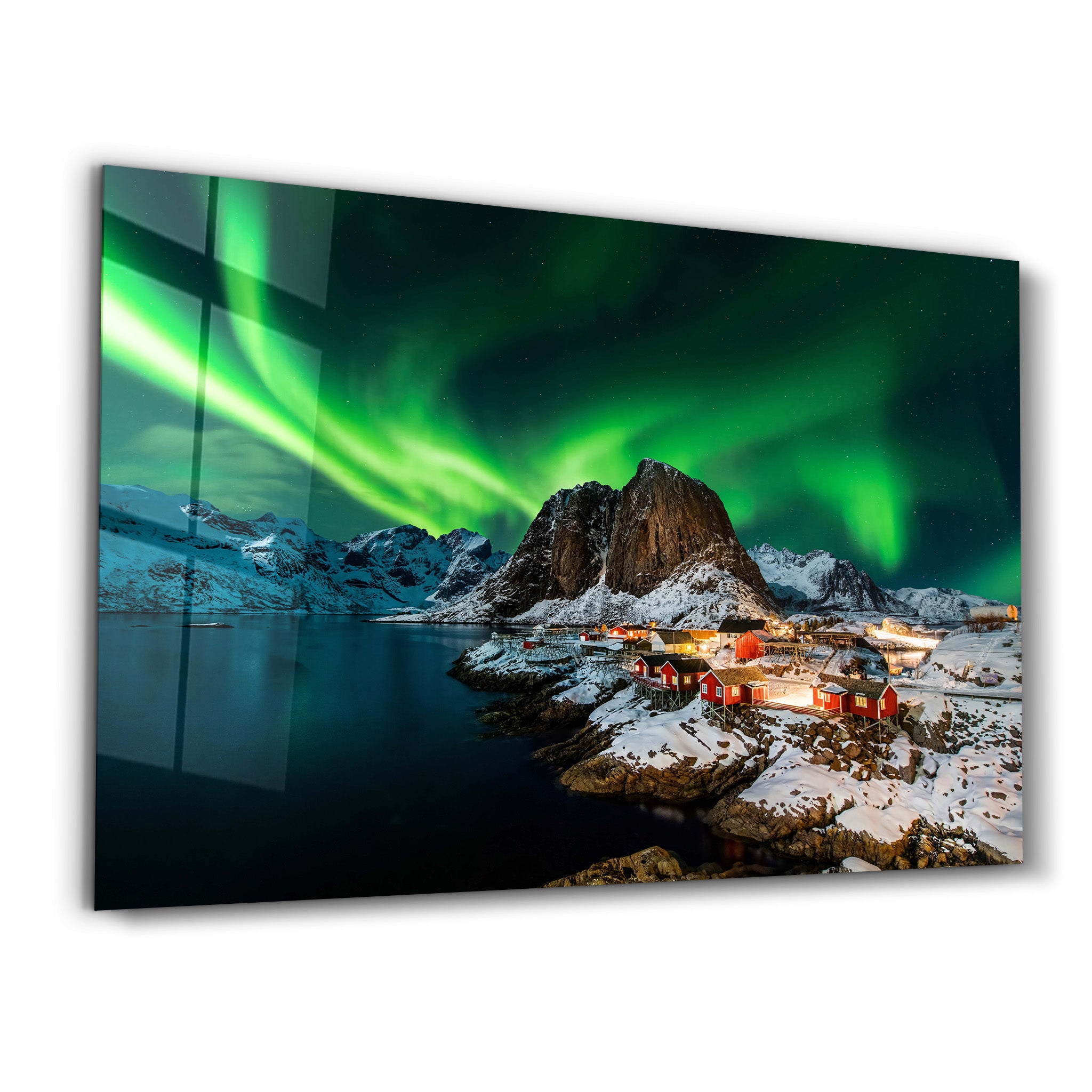 Aurora borealis over Hamnoy in Norway | Glass Wall Art - ArtDesigna Glass Printing Wall Art