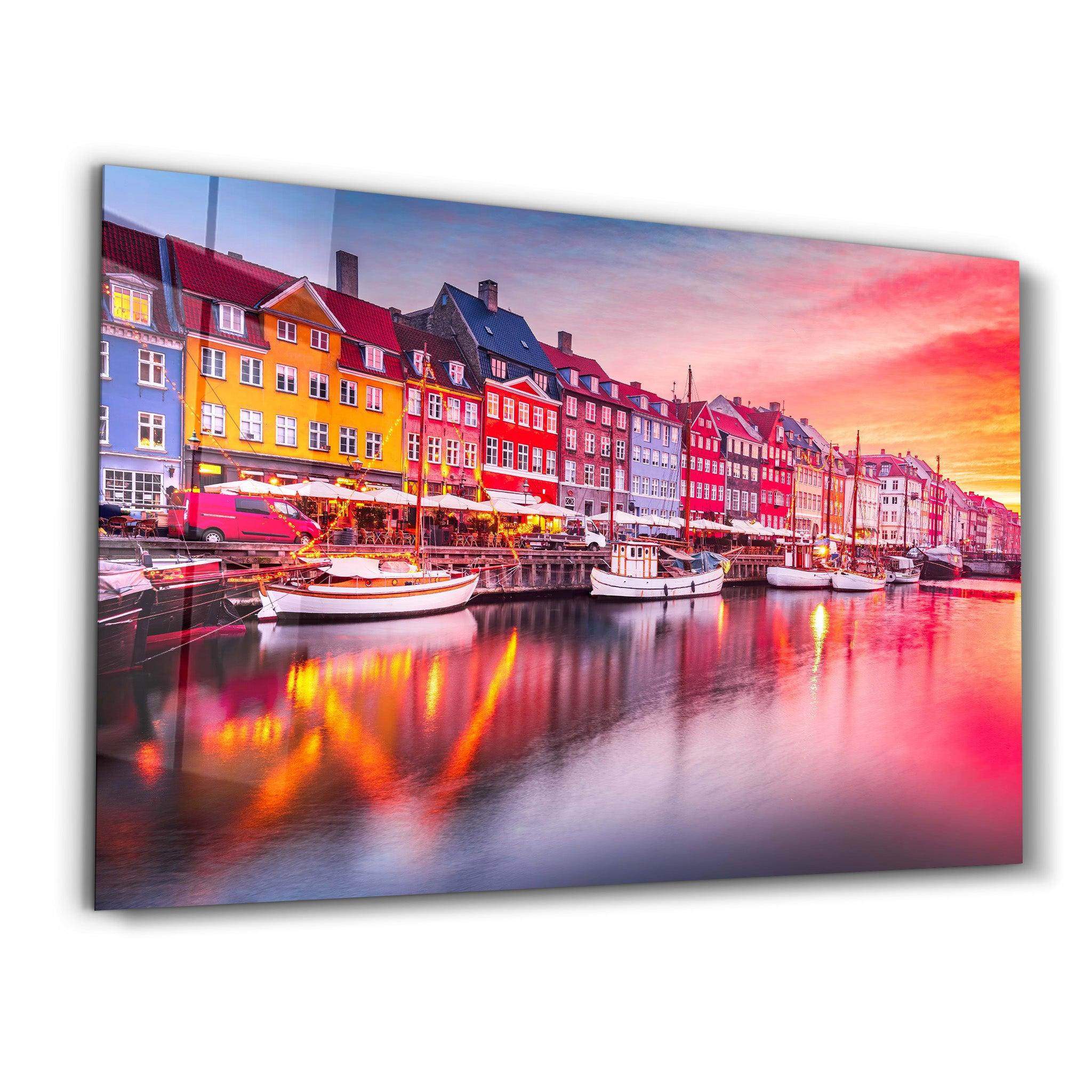 Copenhagen, Denmark. Experience the breathtaking beauty of Nyhavn canal at sunrise | Glass Wall Art - ArtDesigna Glass Printing Wall Art