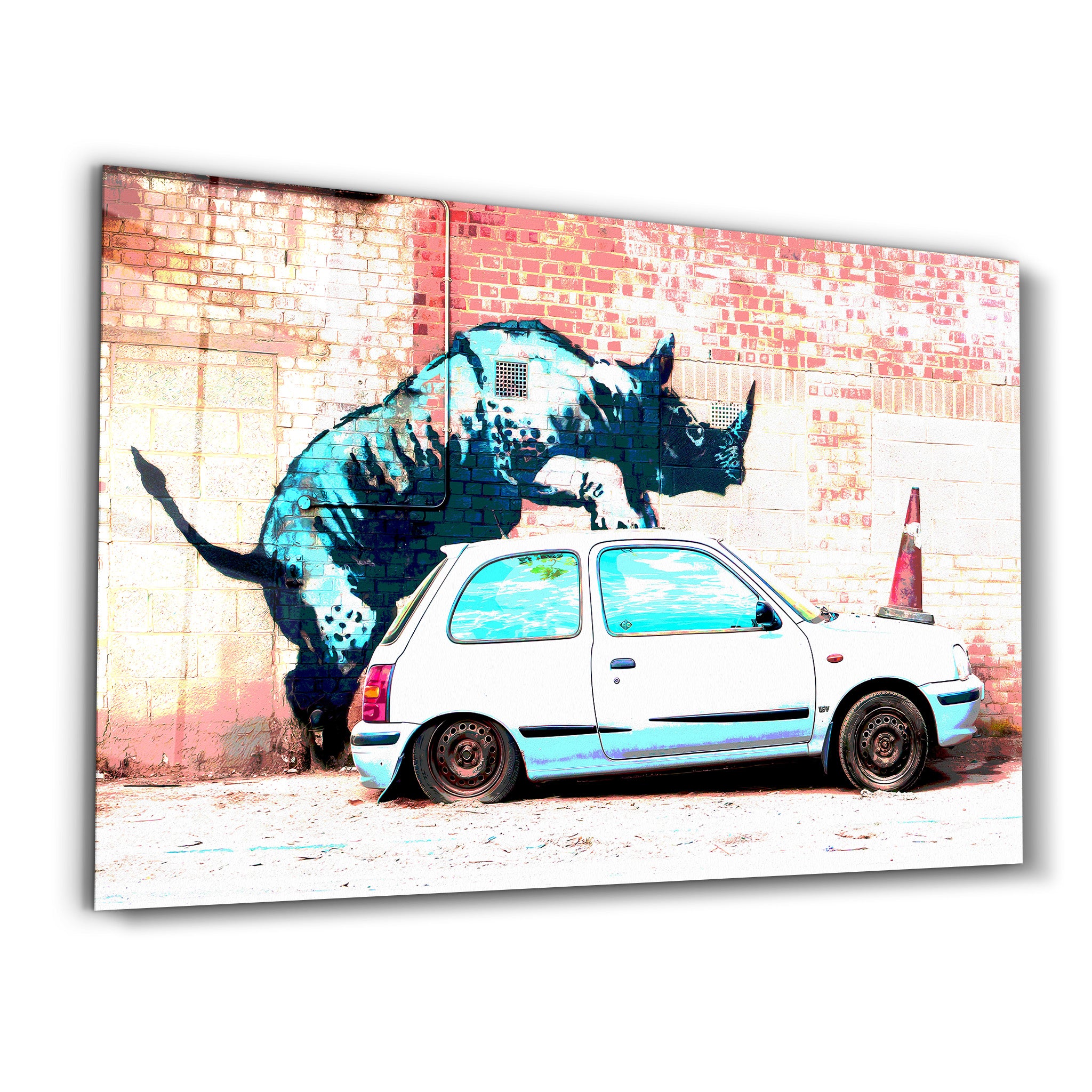 Banksy - Rhino on the Car - Glass Wall Art