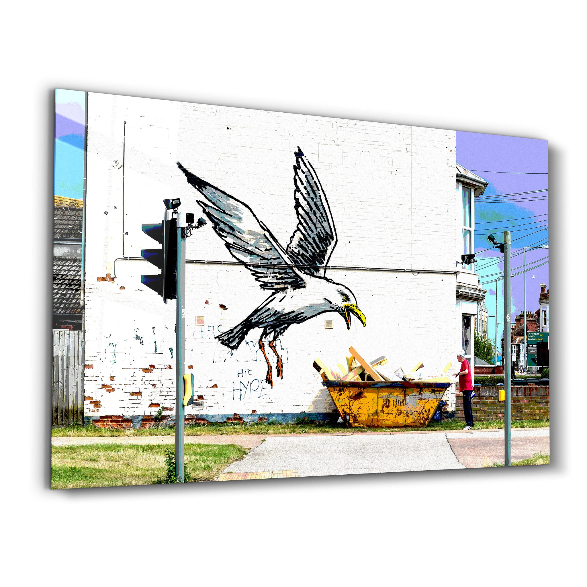 Banksy - Seagull on Garbage Container- Glass Wall Art