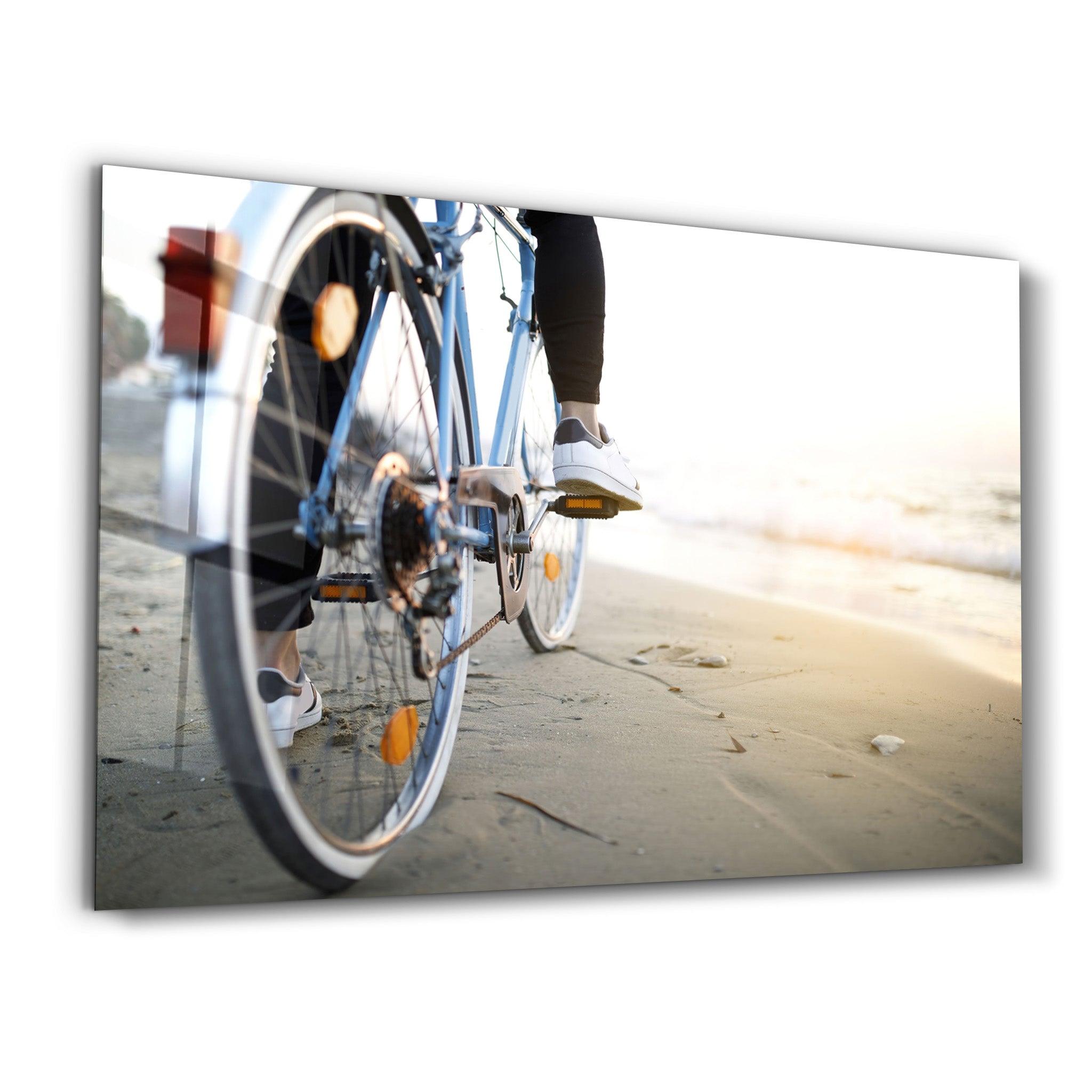 Riding A Bike On The Calm Beach | Glass Wall Art - ArtDesigna Glass Printing Wall Art