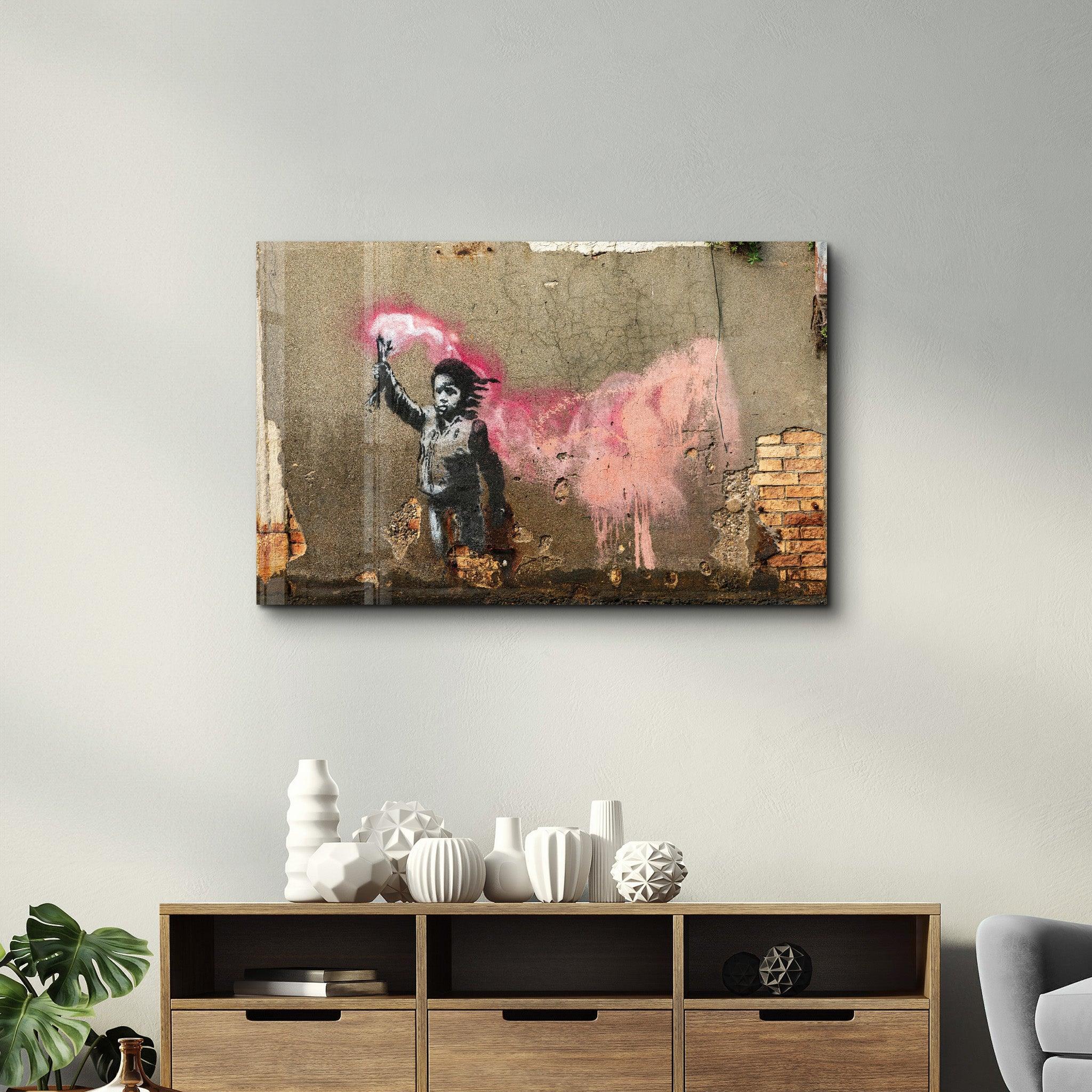 Banksy - A child with a life jacket | Glass Wall Art – Artdesigna