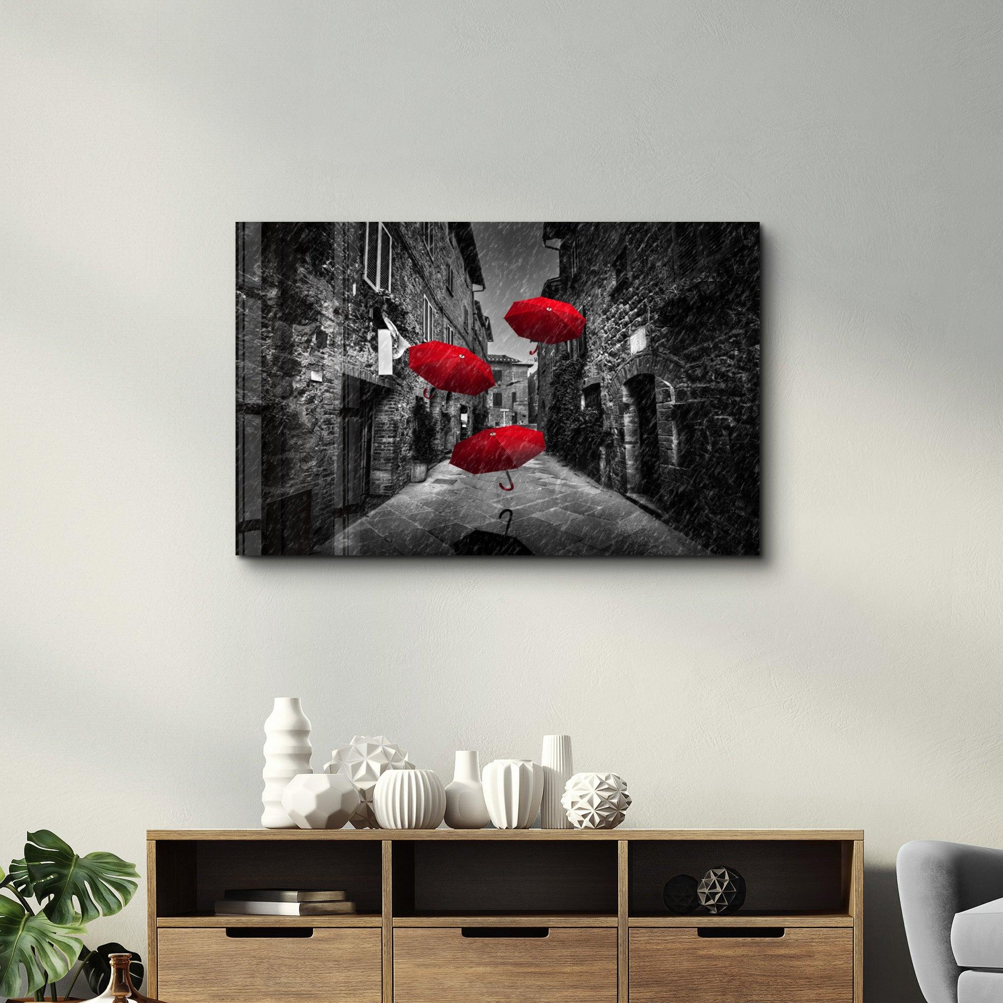 Red Umbrellas | Glass Wall Art - ArtDesigna Glass Printing Wall Art