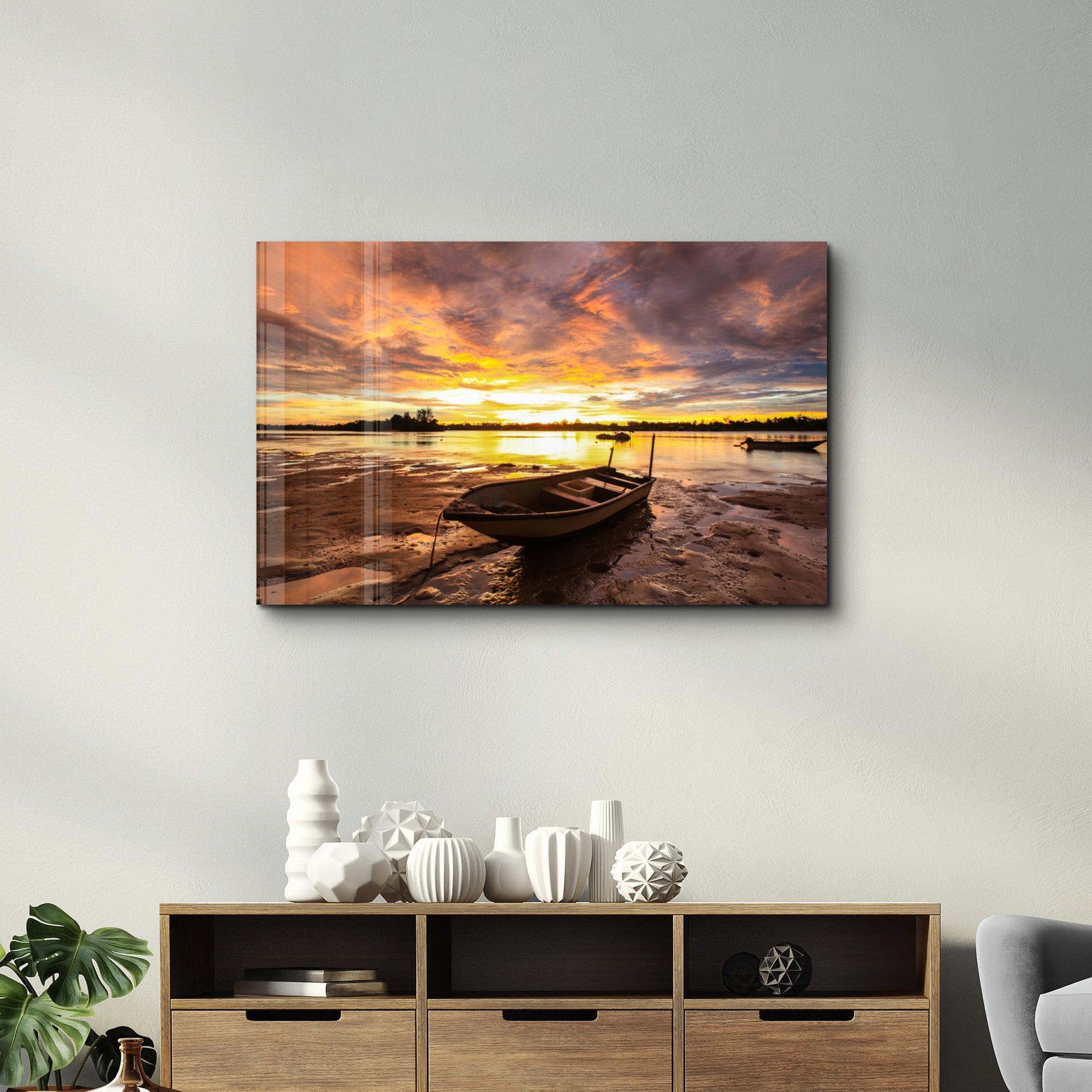 Fishing Boat at Sunset | Glass Wall Art - Artdesigna