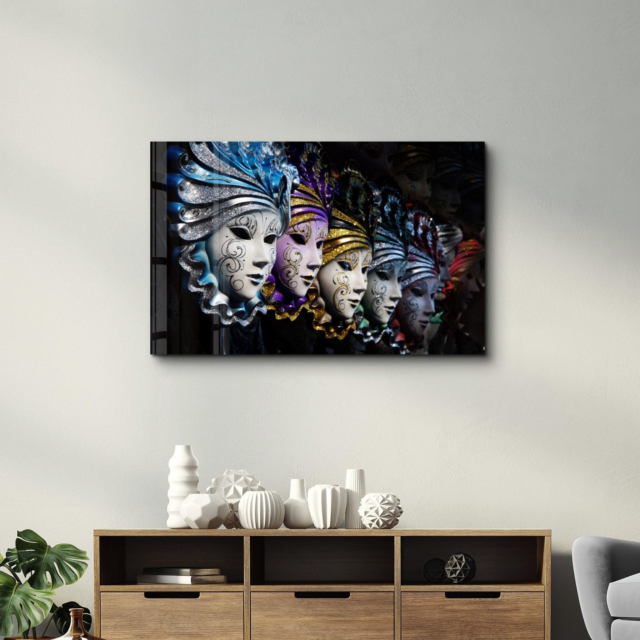 Venetian Carnival Masks | Glass Wall Art - Artdesigna