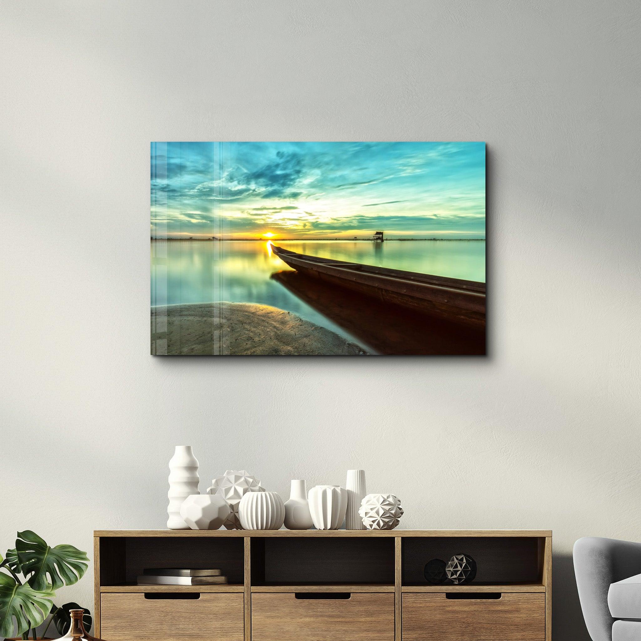 Kayak and Sunset on the Beach | Glass Wall Art - ArtDesigna Glass Printing Wall Art