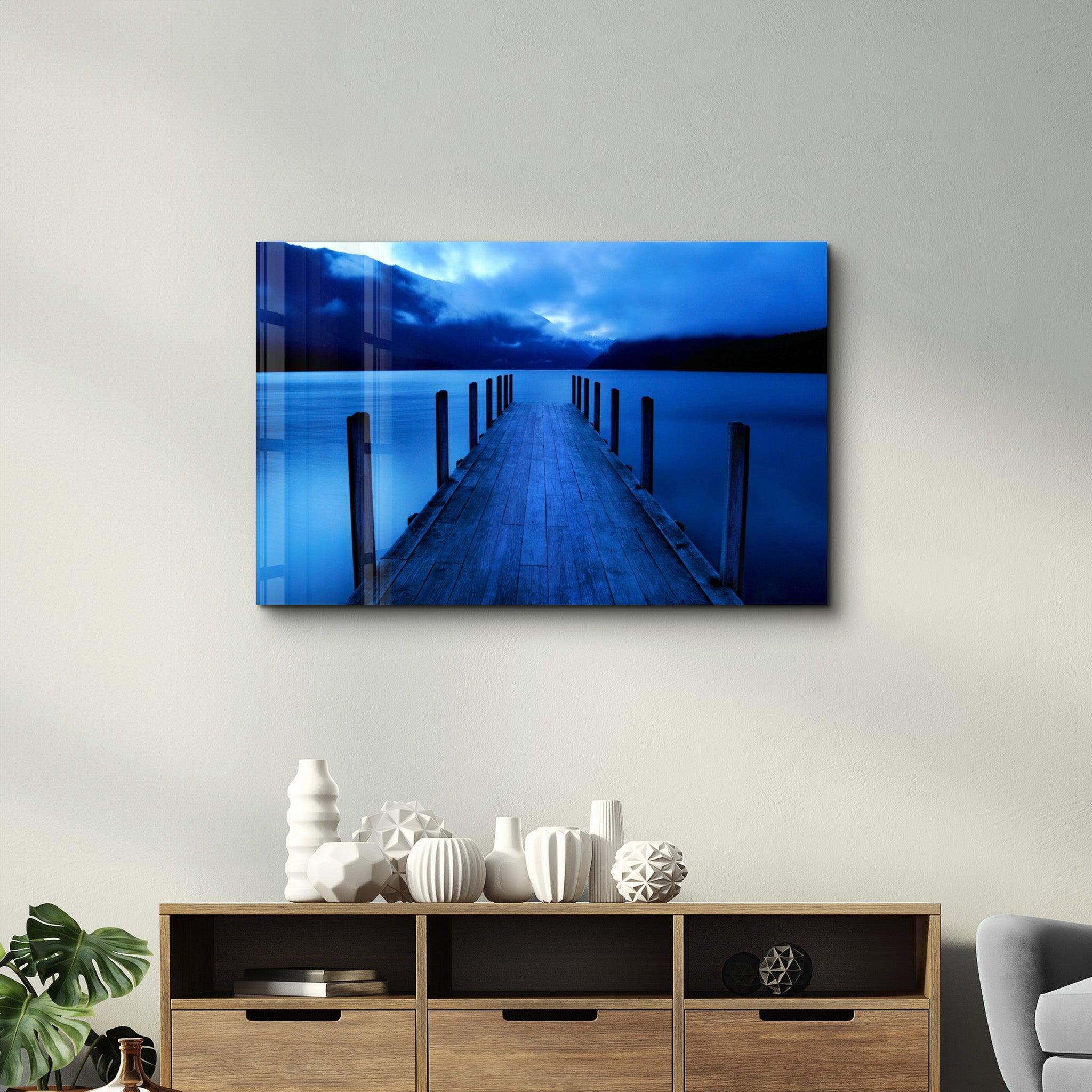 Blue Dock | Glass Wall Art - Artdesigna