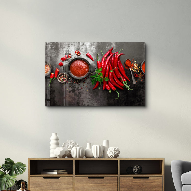 ・"Red Peppers and Sauce"・Glass Wall Art - ArtDesigna Glass Printing Wall Art