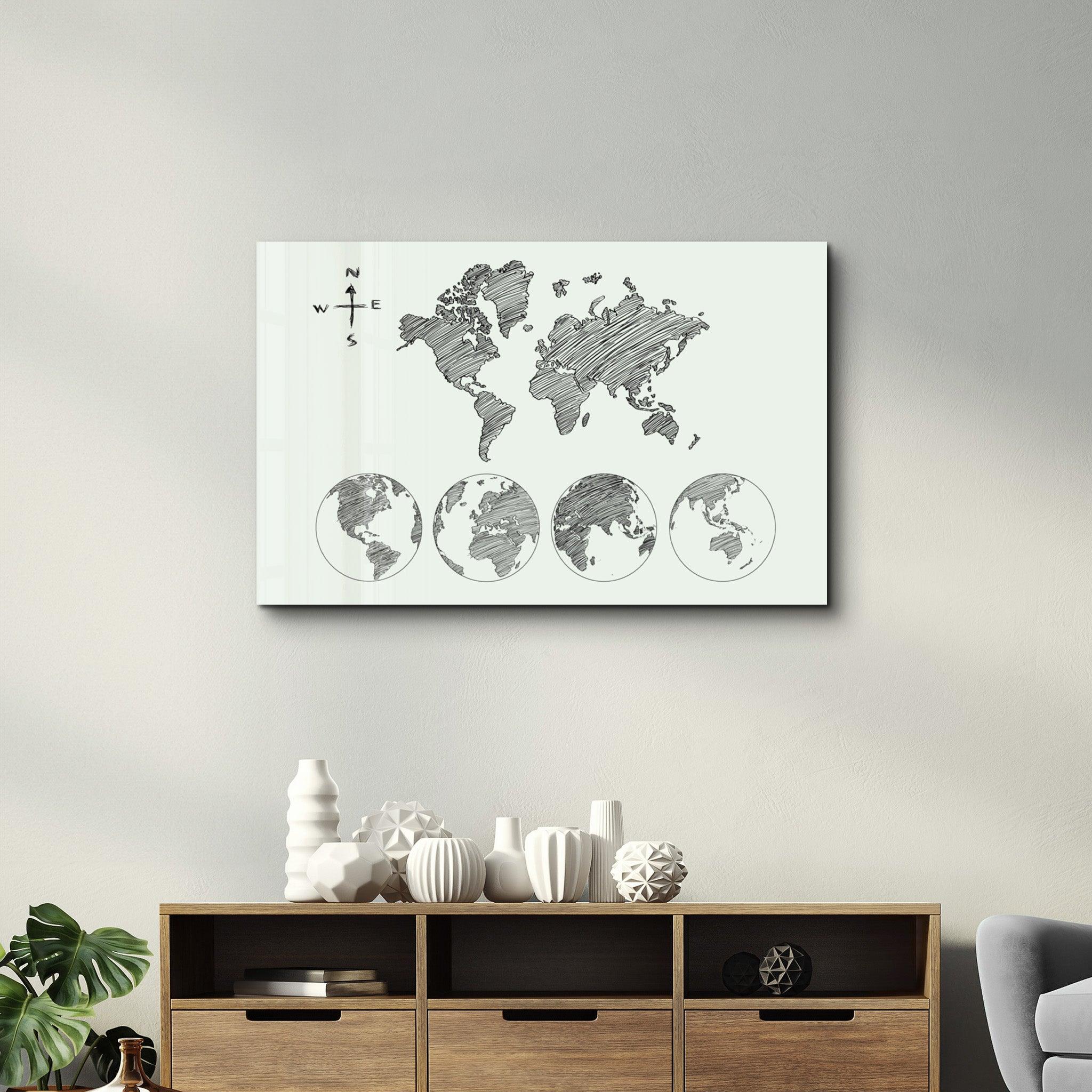 World Map White-Black | Glass Wall Art - ArtDesigna Glass Printing Wall Art