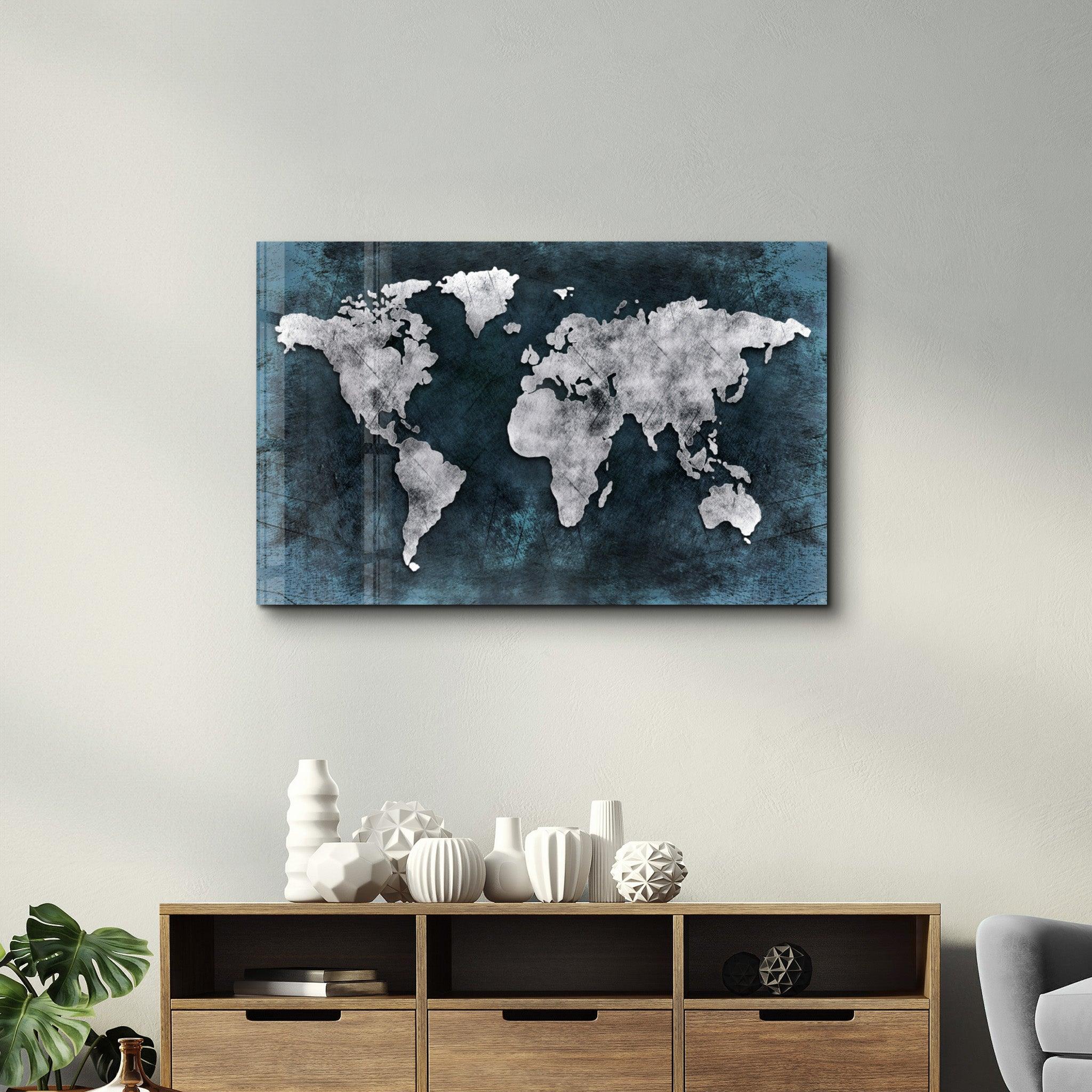 World Map Blue-Silver | Glass Wall Art - ArtDesigna Glass Printing Wall Art