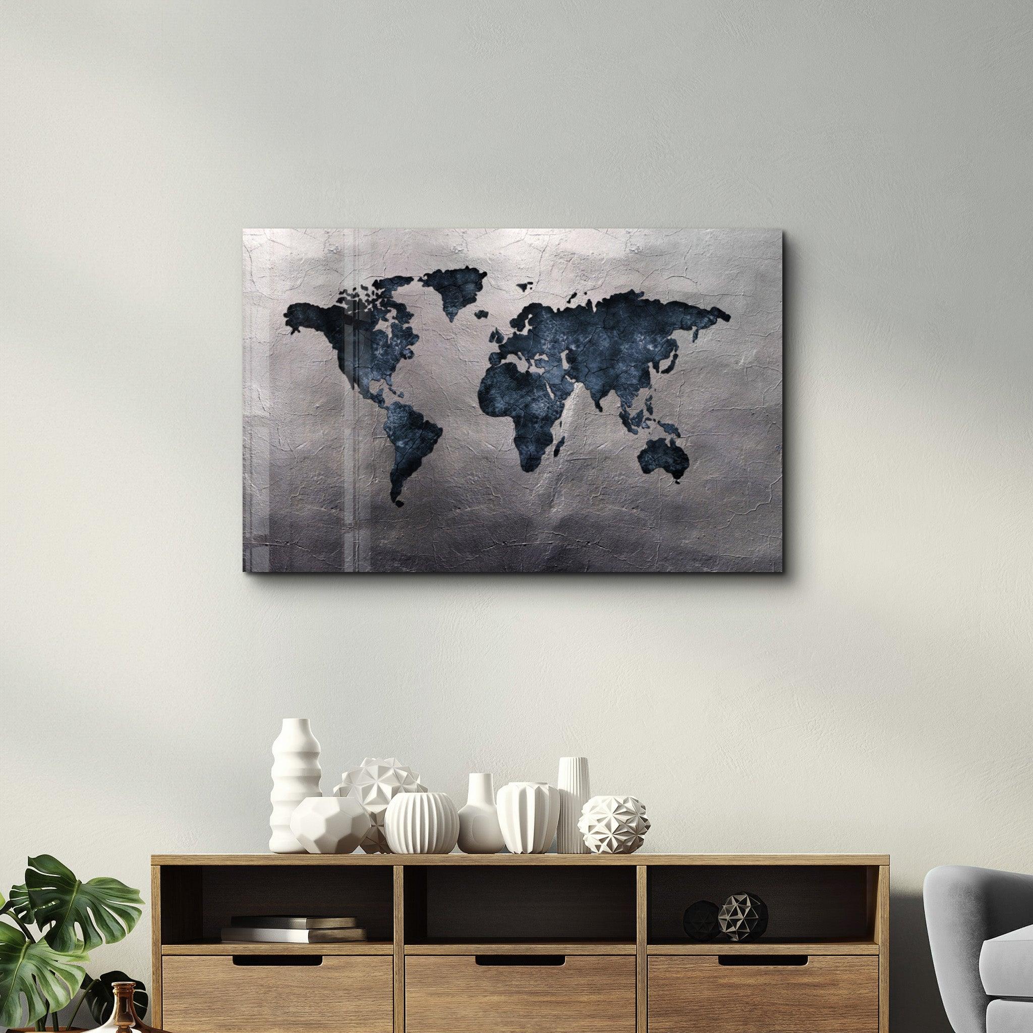 World Map Blue-Silver2 | Glass Wall Art - ArtDesigna Glass Printing Wall Art