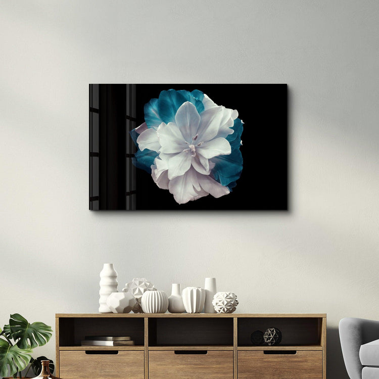 ・"Flower with Blue Leaves"・Glass Wall Art - ArtDesigna Glass Printing Wall Art