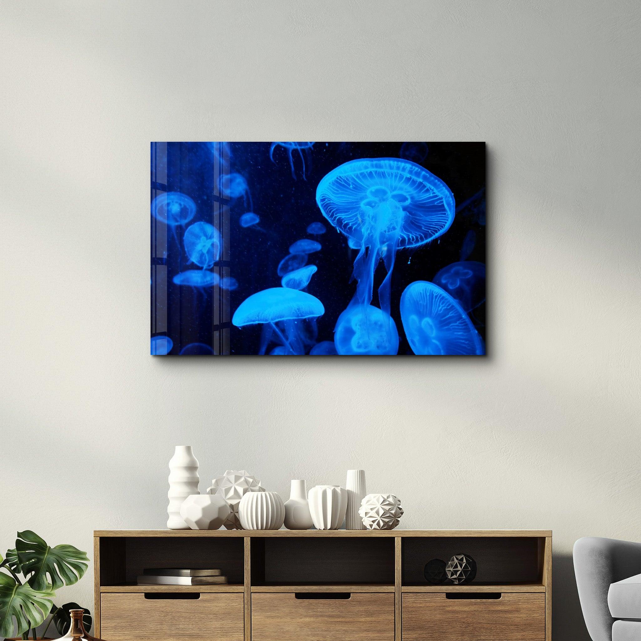 Blue Jellyfish | Glass Wall Art - Artdesigna