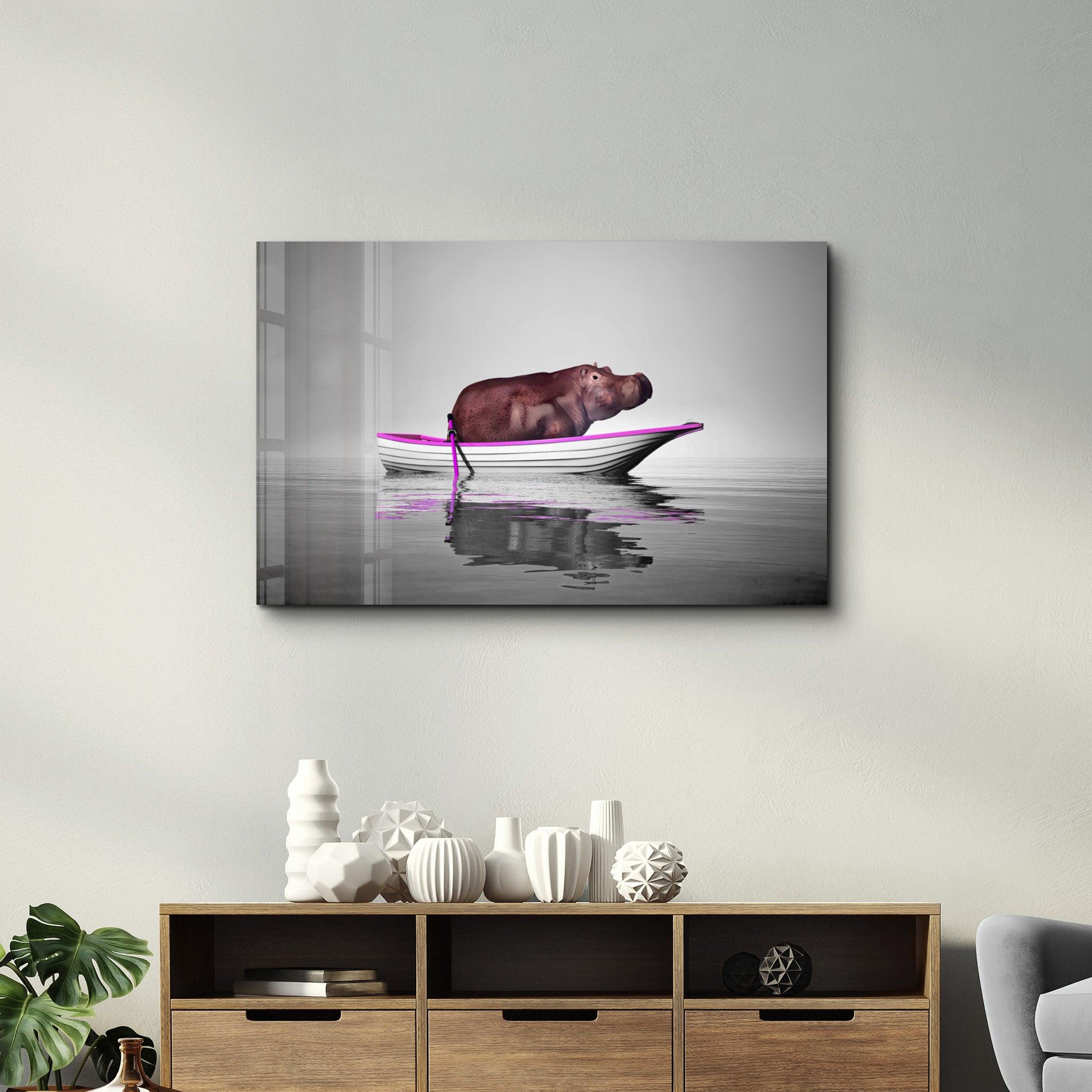 Hippo on the Boat 2 | Glass Wall Art - ArtDesigna Glass Printing Wall Art